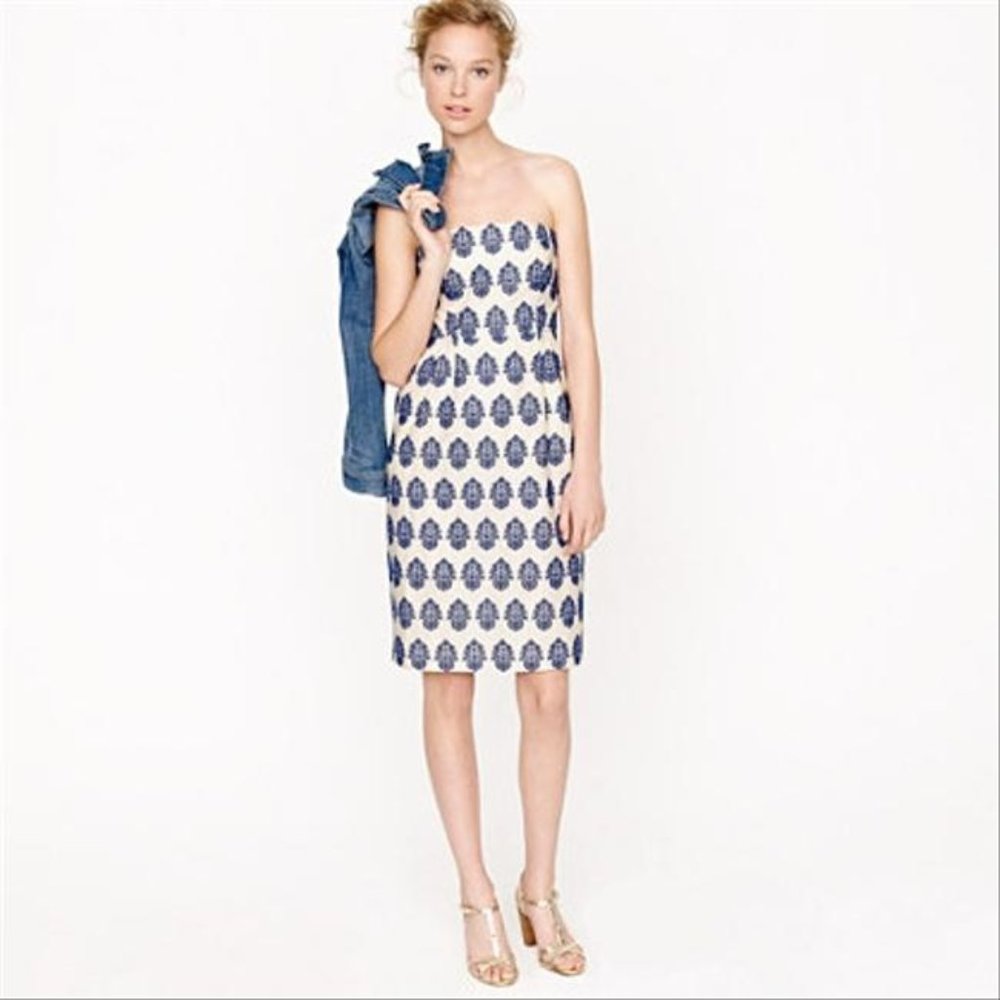 J.Crew Size 8 Ivory Blue Filigree Strapless Dress